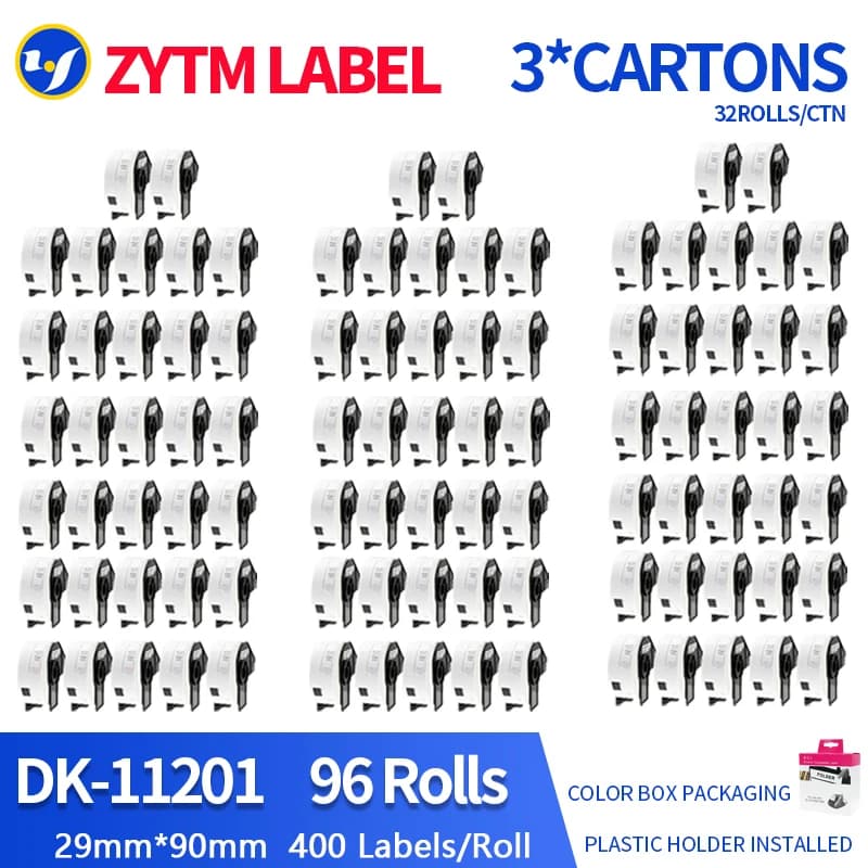 100 rotoli di etichette compatibili Brother DK-11201 29X90mm con supporto in plastica
