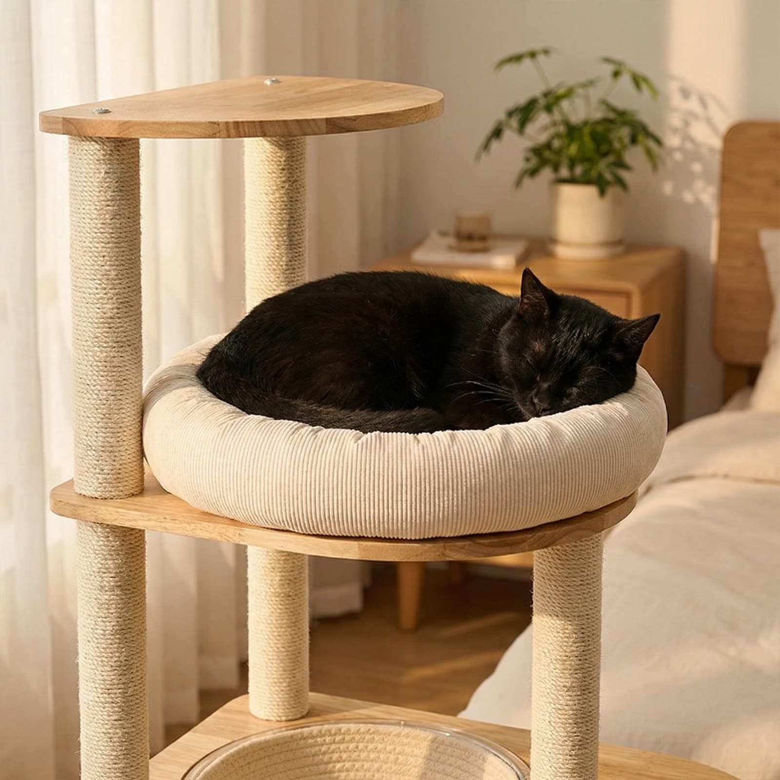 Torre Tiragraffi per Gatti in Legno Massello di Gomma con Posti Letto, Lavabile e Facile da Pulire, Ideale per Case con Gatti Grandi e Multipli