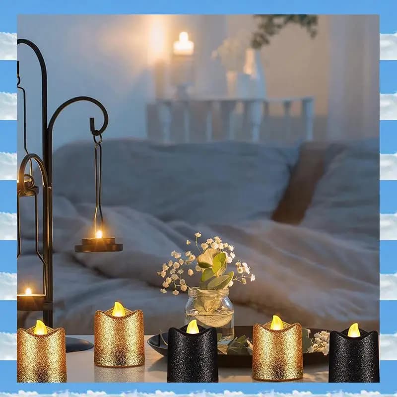 A11I 48 confezioni di candele votive senza fiamma dorate Tealight a LED glitter neri Luci da tè a batteria Supporto per luce gialla calda