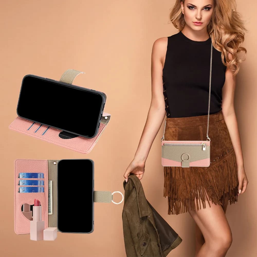 Mirror Zipper Wallet Case for Tecno Camon Camon 50 Ultra 40 30 30S 20 Pro Metal Crossbody Strap Leather 3 Card Ring Cover