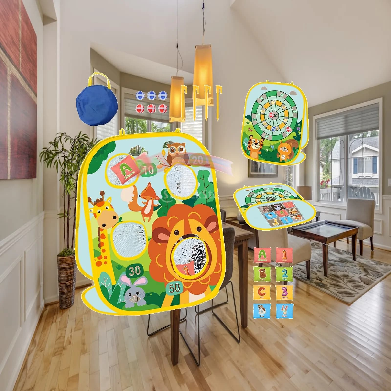 Gioco di Lancio delle Sacche Pieghevole, Tavola Cornhole Bifacciale, Giochi di Compleanno, 8 Sacche, Giocattolo per Bambini dai 3 Anni, Regalo