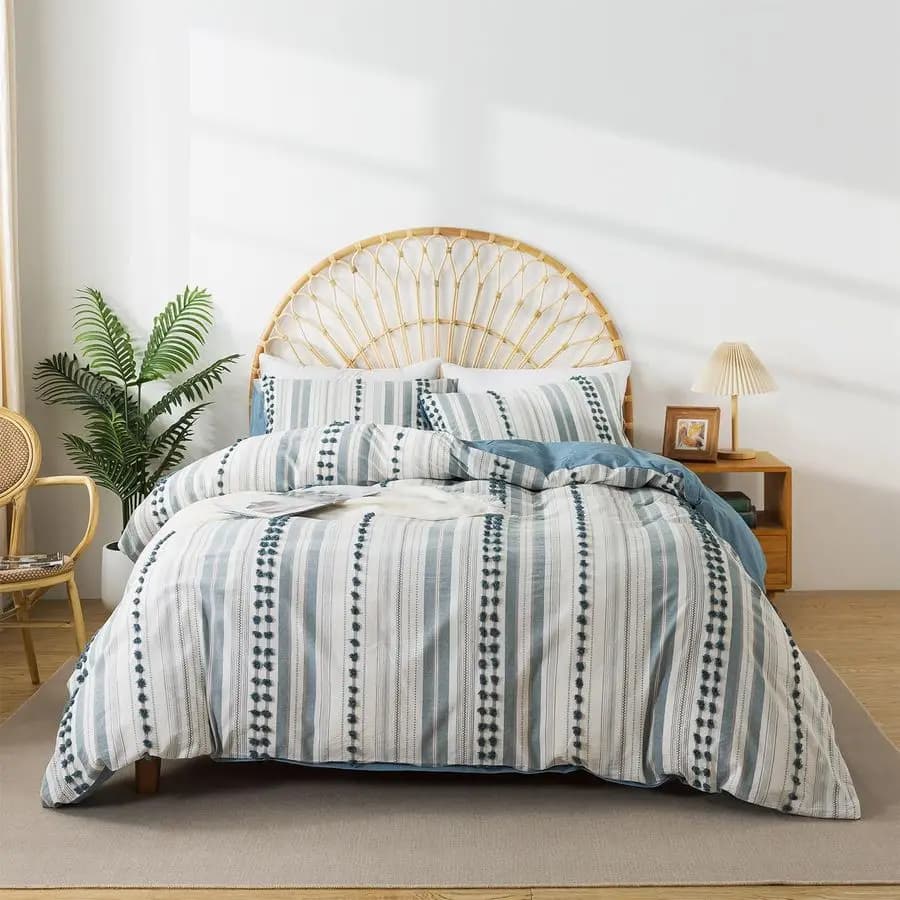 Set Copripiumino King Size in Cotone Lavato con Puntini Trapuntati, Stile Boho Chic per Tutte le Stagioni, Biancheria da Letto a Righe con Pompon, Texture Simile al Lino