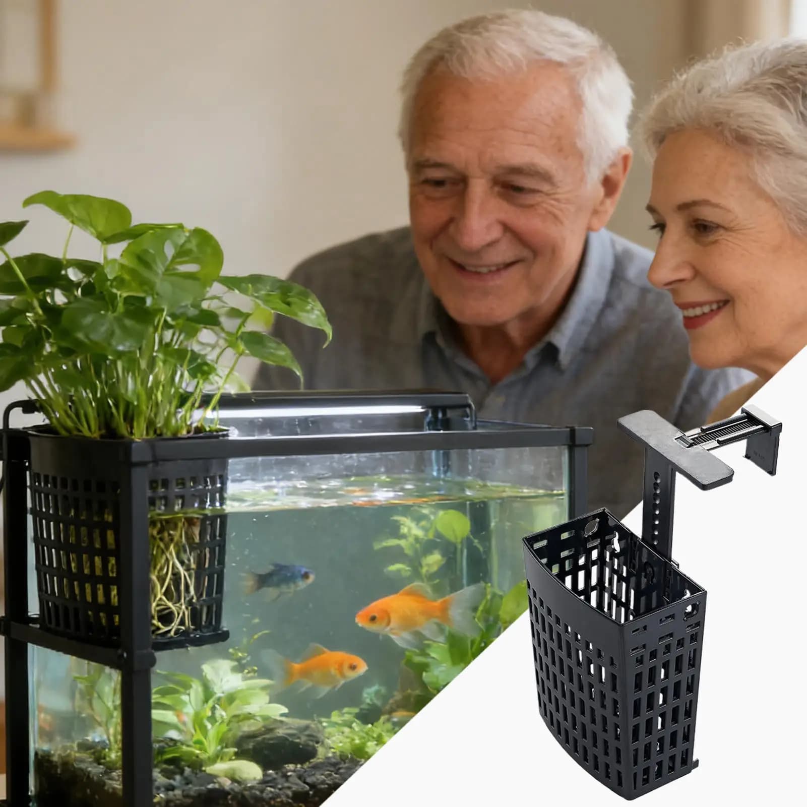 Supporto per piante per acquario, vaso per coltivazione a altezza regolabile, cestello per piante d'acquario con gancio estensibile e ventosa per pesci
