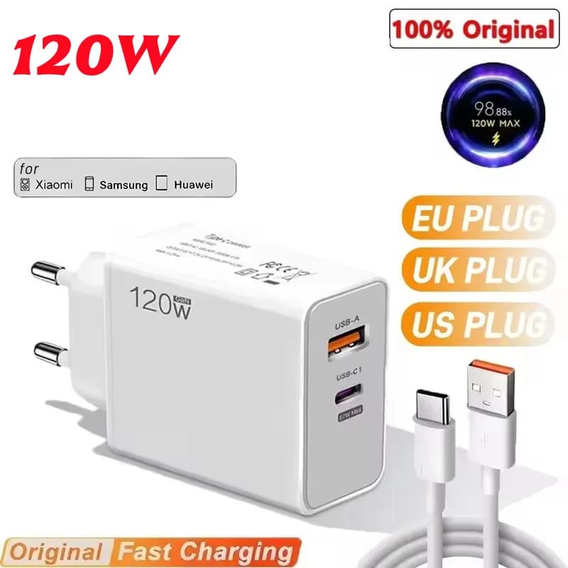 FOR Xiaomi 120W USB Type C Charger Fast Charging Data Cable Phone Charger EU/UK Adapter For Samsung IPhone Huawei Wall Charger