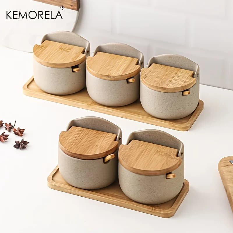 Set di pentole per condimenti in ceramica 1/2/3 pezzi, contenitori per spezie da cucina, pentola per glutammato monosdico con coperchio e cucchiaio scatola per la conservazione degli alimenti
