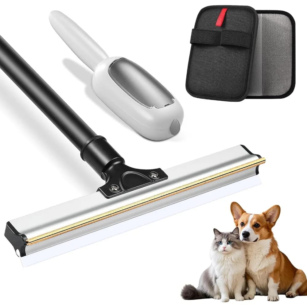 Strumento per la depilazione degli animali domestici, set per la rimozione dei peli del cane gatto 3 in 1 incluso rastrello per tappeti da 50", rullo per pelucchi riutilizzabile e rimozione statica dei peli degli animali domestici