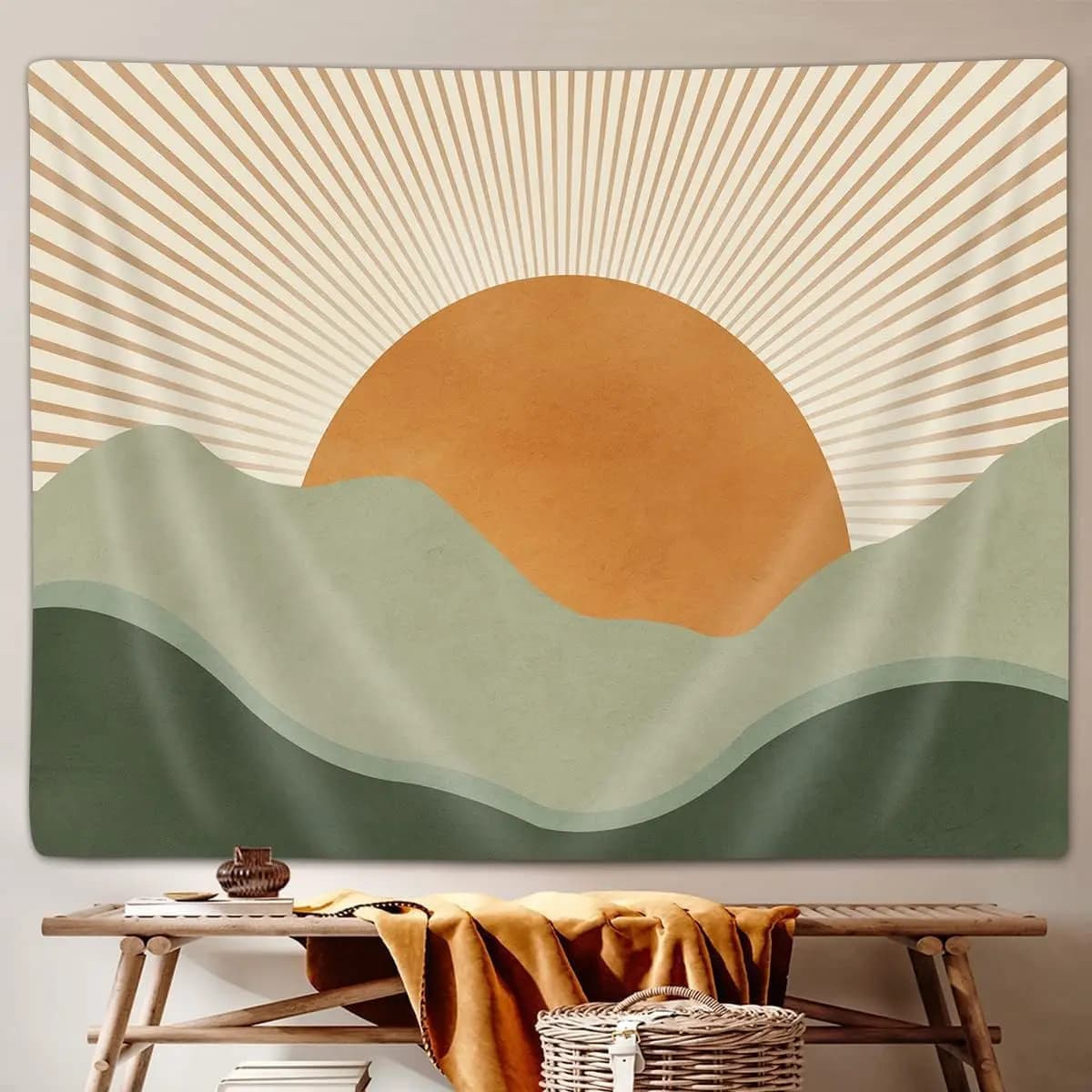 Boho Sage Green Tapestry, Abstract Mountain Golden Sun Nature Tapestry Wall Hanging for Bedroom, Modern Minimalist Landscape