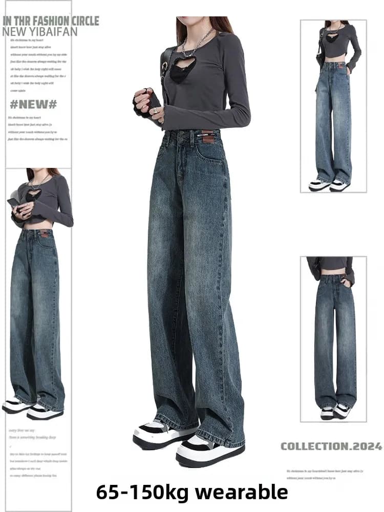 Jeans a gamba dritta a vita alta taglie forti da donna, foderati in pile, blu, autunno inverno, pantaloni a gamba larga che nascondono i fianchi e snelliscono