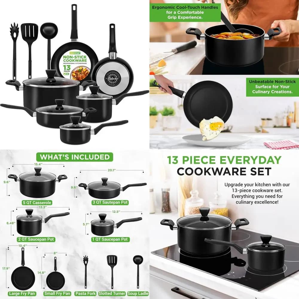 13 Pieces: Kitchen Tools Heat Resistant with Panels, Pots, Drawers, Covers, Mixer and Colino - Black