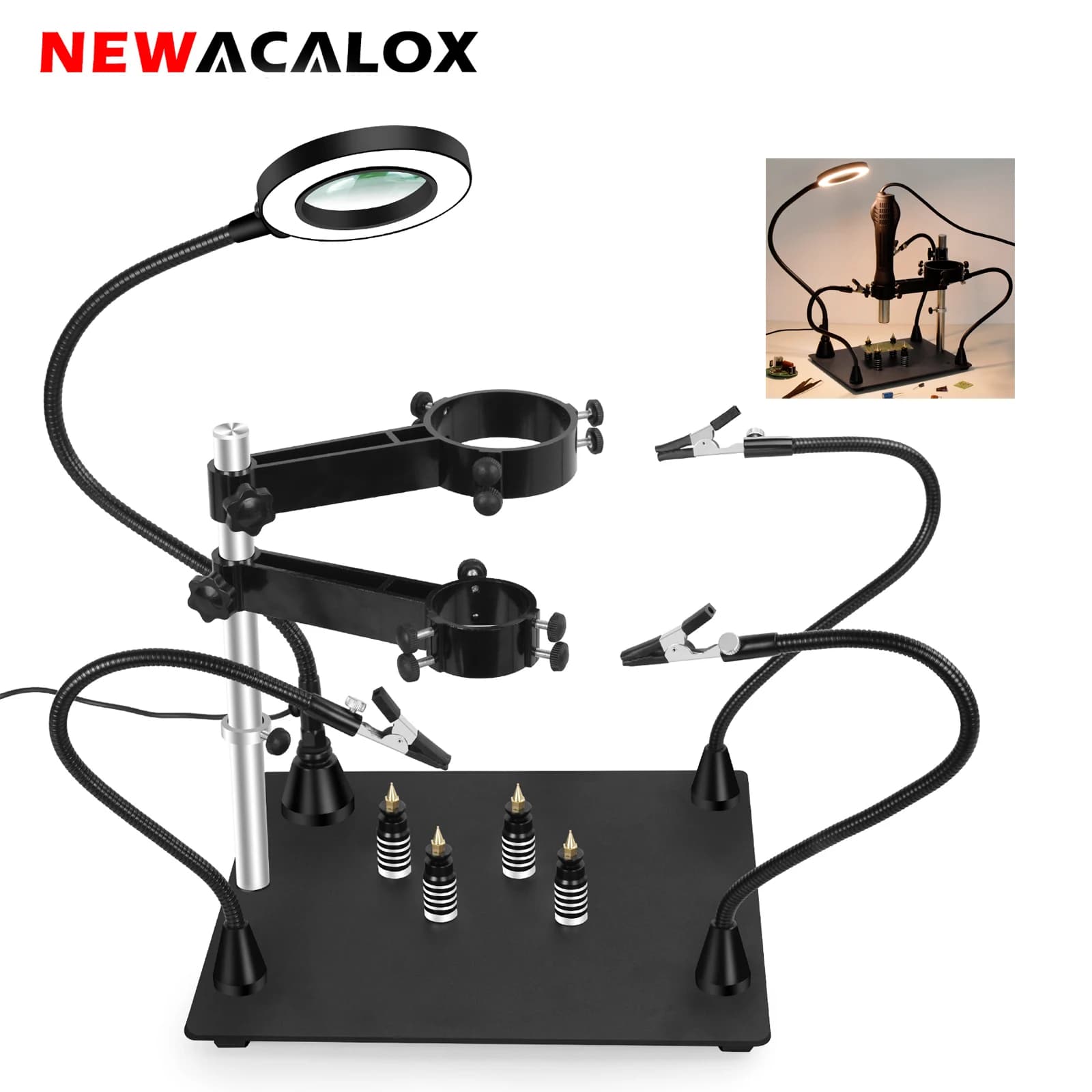 NEWACALOX scheda PCB magnetica Clip fissa braccio flessibile saldatura terza mano 5X lente d'ingrandimento supporto per saldatore in vetro strumenti di riparazione