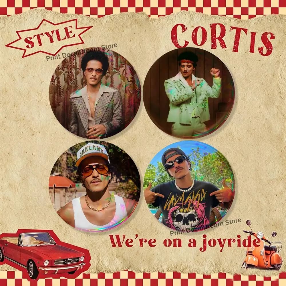 B-Bruno Mars 24K Magic Vintage Set di 4 spille, accessori per zaini e gioielli, spilla rotonda a tema cartone animato, distintivo a bottone, collezione regalo