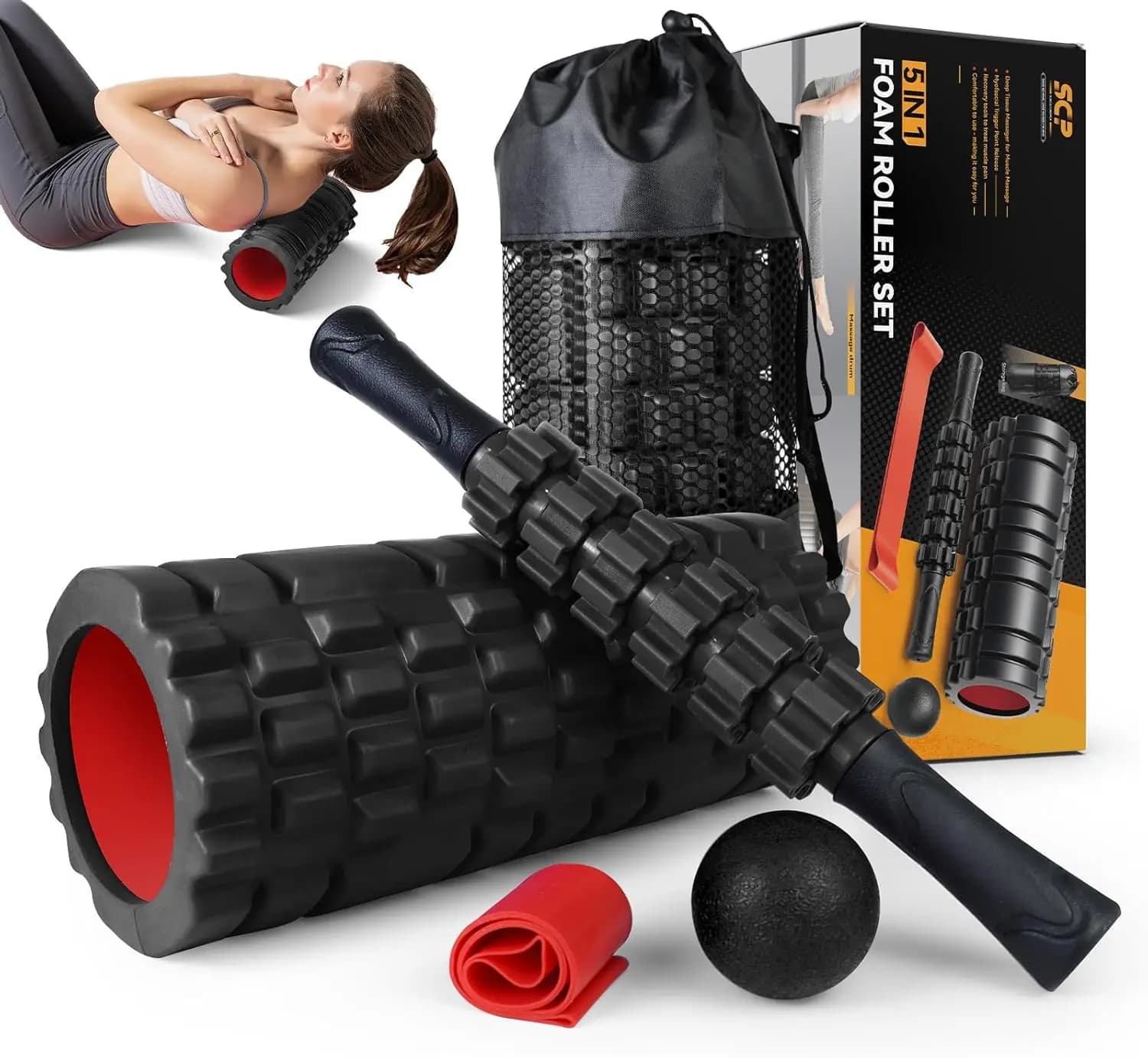 Set of 5-in-1 Foam Rollers for Deep Muscle Massage, Pilates, Yoga and Fitness Exercises - Black-Red
