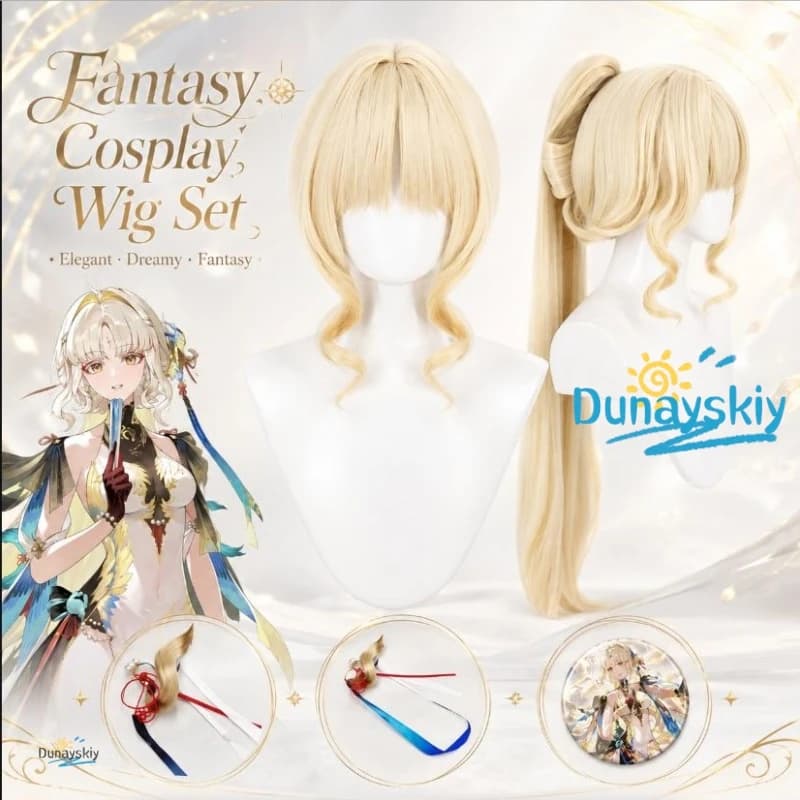 Wuthering Waves Suisui Cosplay Kit Long Yellow Synthetic Wig Headwear Paper Fan Unisex Accessories Halloween Carnival Dress Up