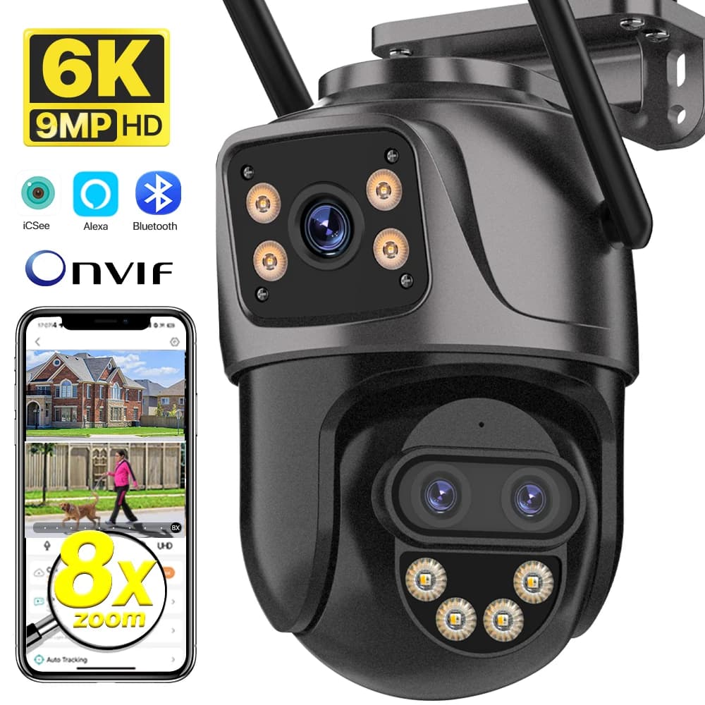 IP camera 6K 9MP HD WiFi External camera Zoom 8x Three lenses Double screen PTZ camera home security Video surveillance 6MP iCSee