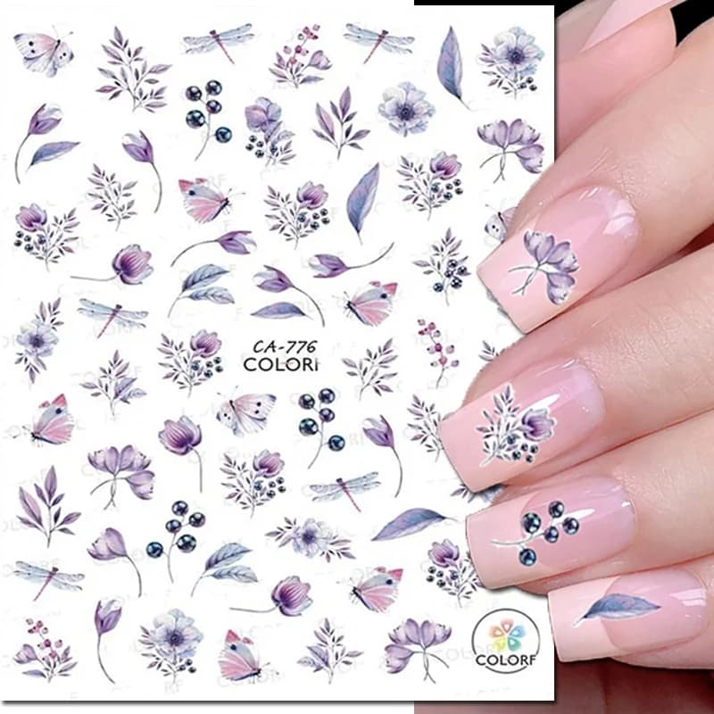 Adesivi adesivi per cursori adesivi per unghie 3D Fiori viola Foglie Frutta Farfalle Decalcomanie per decorazioni per unghie Manicure