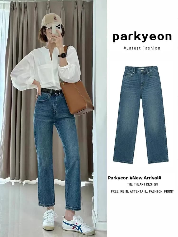 High Waist Straight Leg Blue Jeans Women's Ripped Skinny Retro Style Nine-Tenths Length Summer Fashion Parkyeon Brand