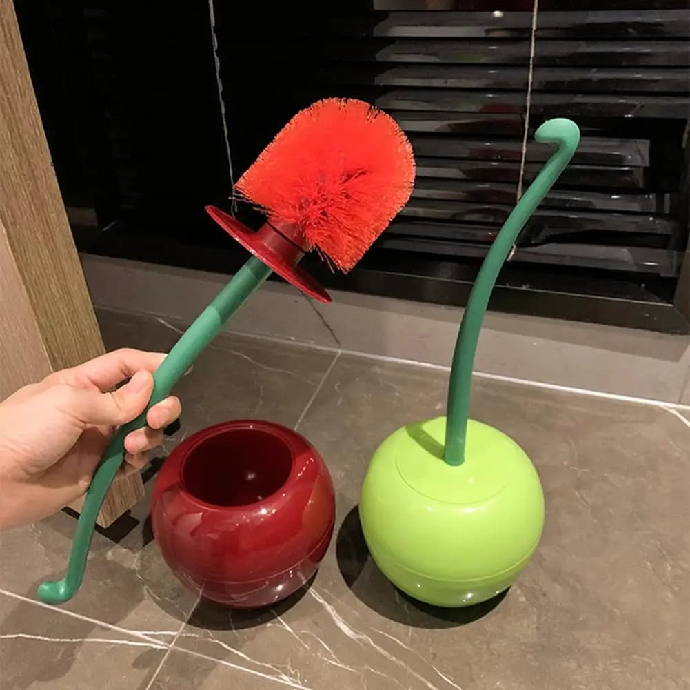 Set scopino per WC con base scopino per WC a forma di ciliegia Manico ergonomico antiscivolo Spazzola per la pulizia del bagno dai colori vivaci