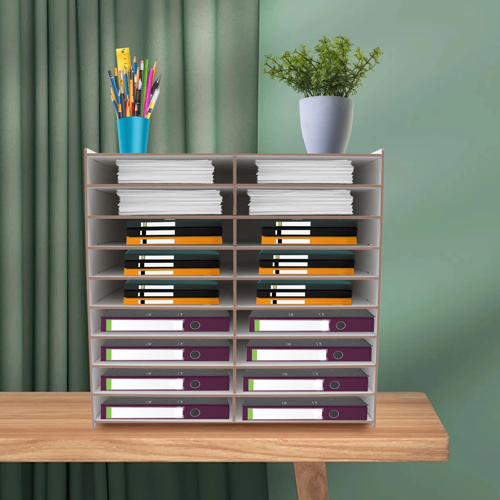 9-Tier Wooden Mail Sorter,18 Compartment Vertical File Organizer,Desktop Literature Magazine Storage Rack,Paper Tray for Office
