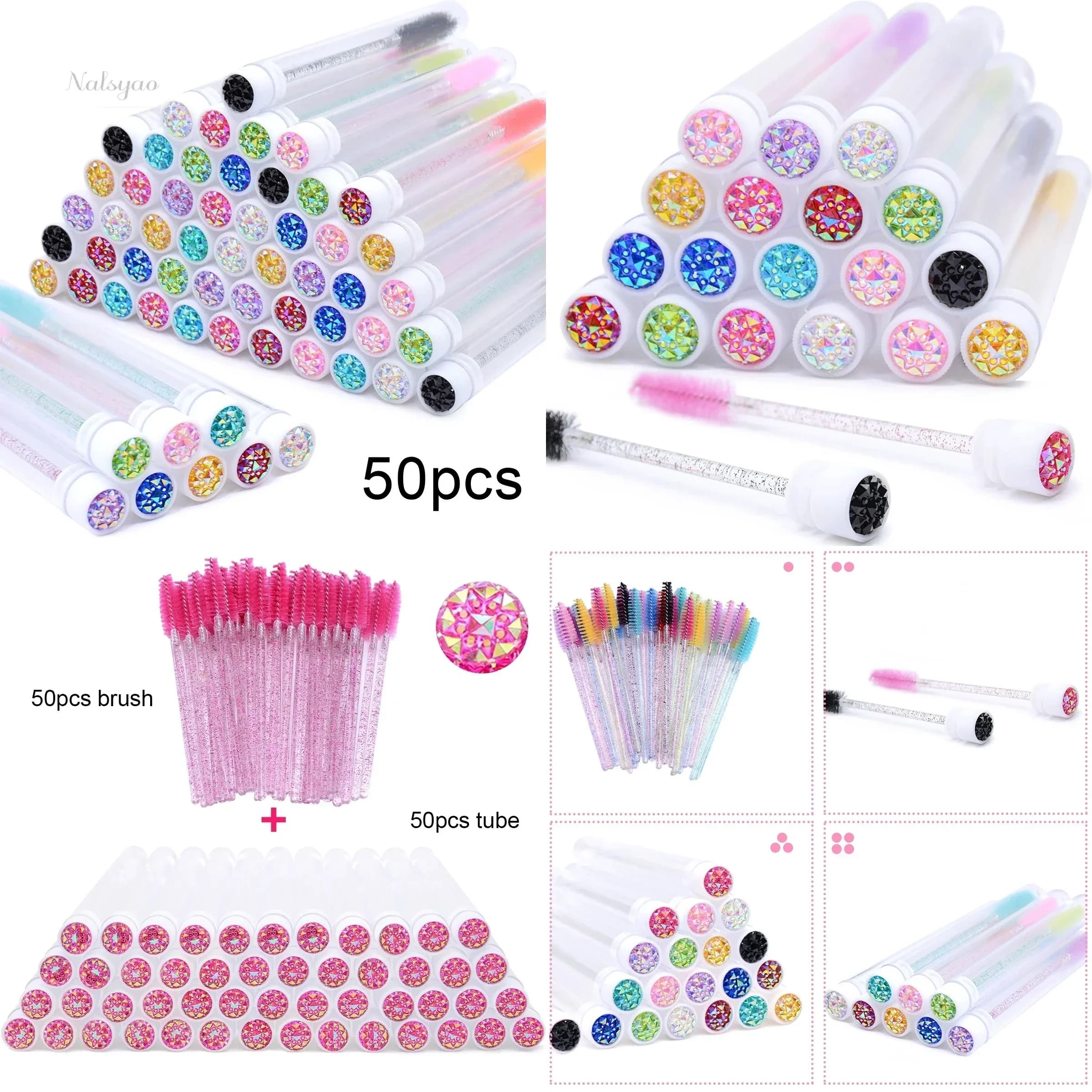 50Pcs Eyelash Brush Tubes With Crystal Lash Mascara Wands Eyebrow Comb Spoolies Container Lash Brush Applicators Makeup Tools
