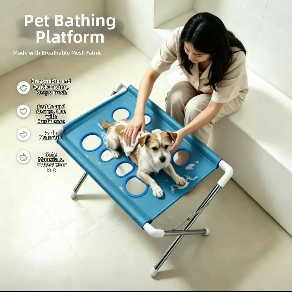Foldable Pet Grooming Table Non-Slip Quick-Dry Mesh Pet Grooming Hammock Comfortable Stainless Steel Frame Pet Bathing Stand