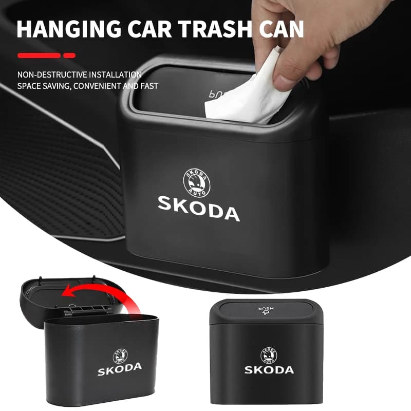 Pattumiera portatile per auto Logo automatico Scatola di immagazzinaggio di articoli vari per Skoda Octavia Rapid Kodiaq Karoq Fabia Kamiq Superb Derivative Vision