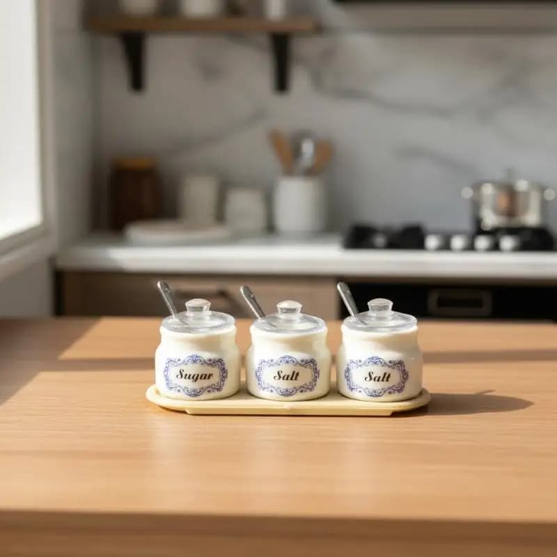 Set di 6 Contenitori per Spezie in Scala per Casa delle Bambole, Barattoli Miniatura per Condimenti da Cucina con Cucchiaio e Adesivi per Accessori da Gioco di Ruolo