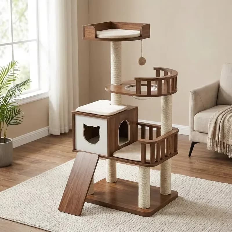 New Product Luxury Cozy Large Cat Tree House Condos Wooden Cat Sisal Rope Scratch Tree Tower for Many Cats
