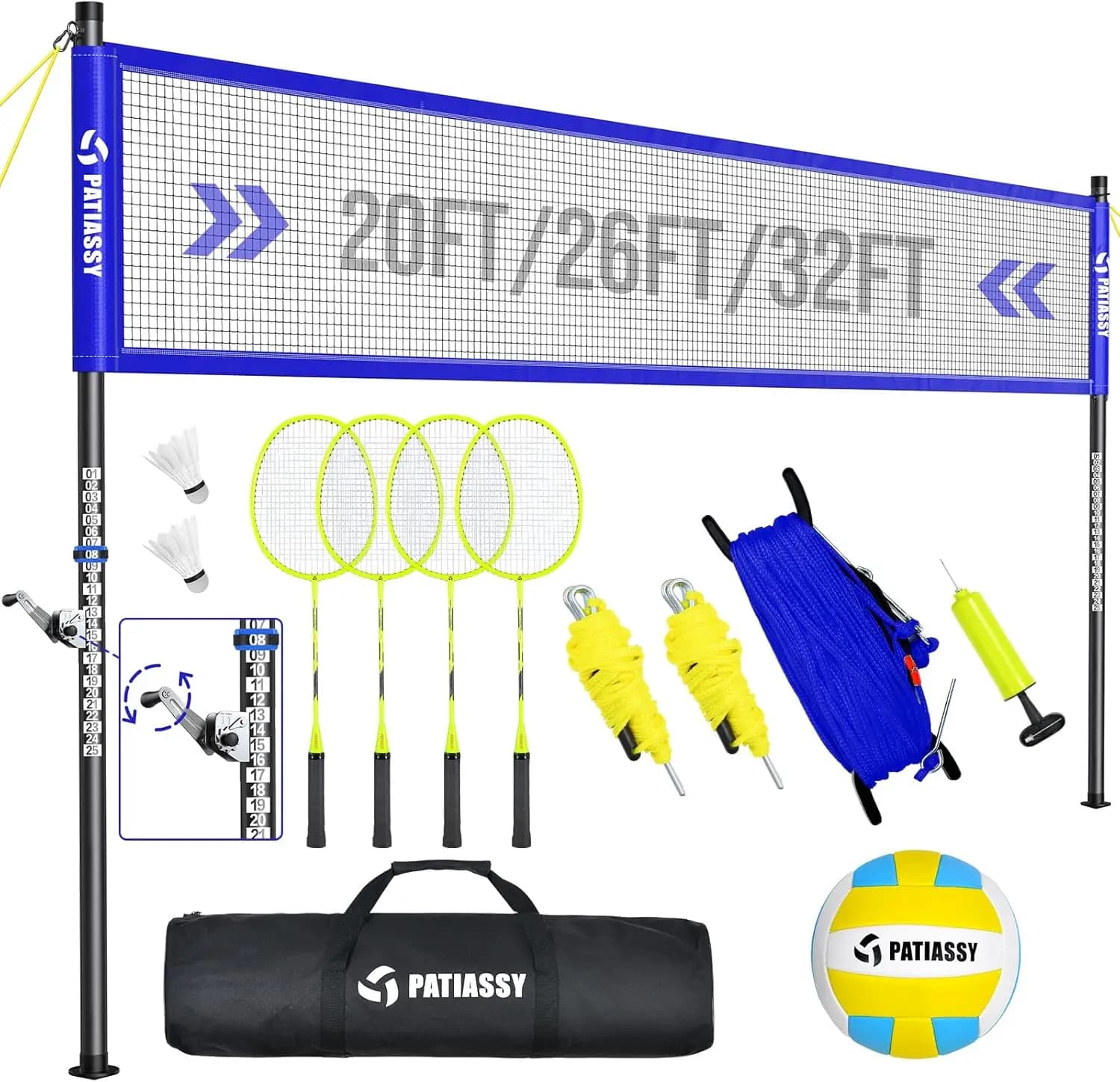 Set Rete da Pallavolo e Badminton 2-in-1 Regolabile con 4 Racchette, Volani, Palla e Borsa per Giardino e Spiaggia