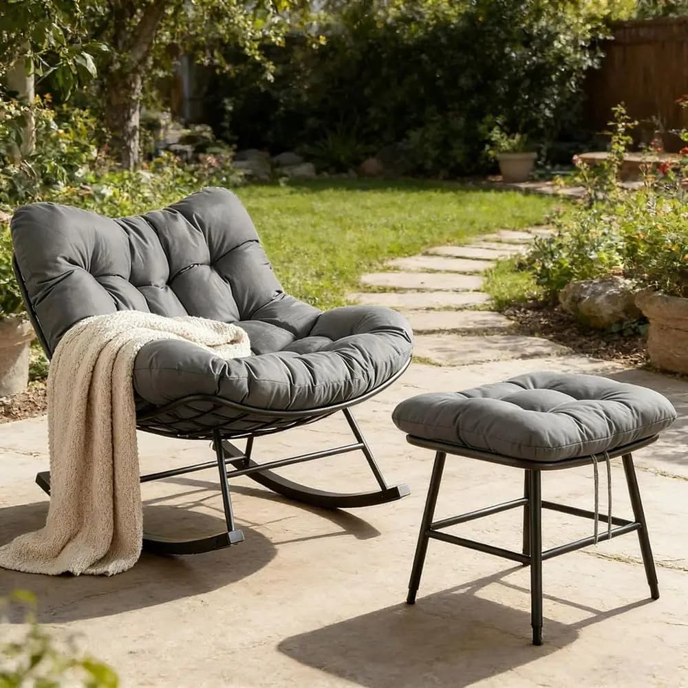 Outdoor Rocking Papasan Chair with Ottoman, Patio Rocking Chair with ootrests and Cushion, Rocking Papasan Chair with Thick Wate