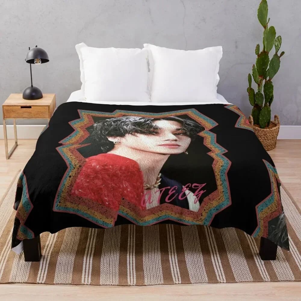 Jung Wooyoung ATEEZ Wooyoung Korean Kpop Retro Color Oil Paint Design Throw Blanket Durable Warm Blanket for Daily Home Use