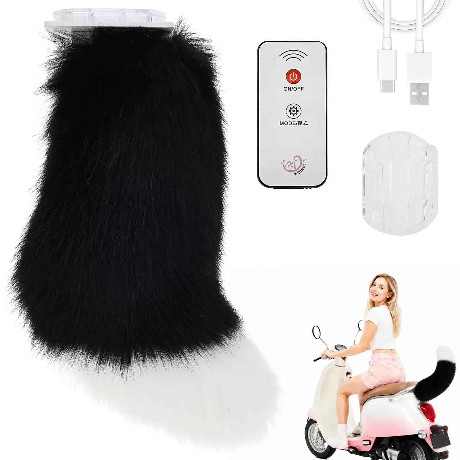 Remote Control Plush Wagging Tail for Car Sound Activated Tail Decoration Fluffy Moving Tail Self-adhesive Car Tail Rechargeable