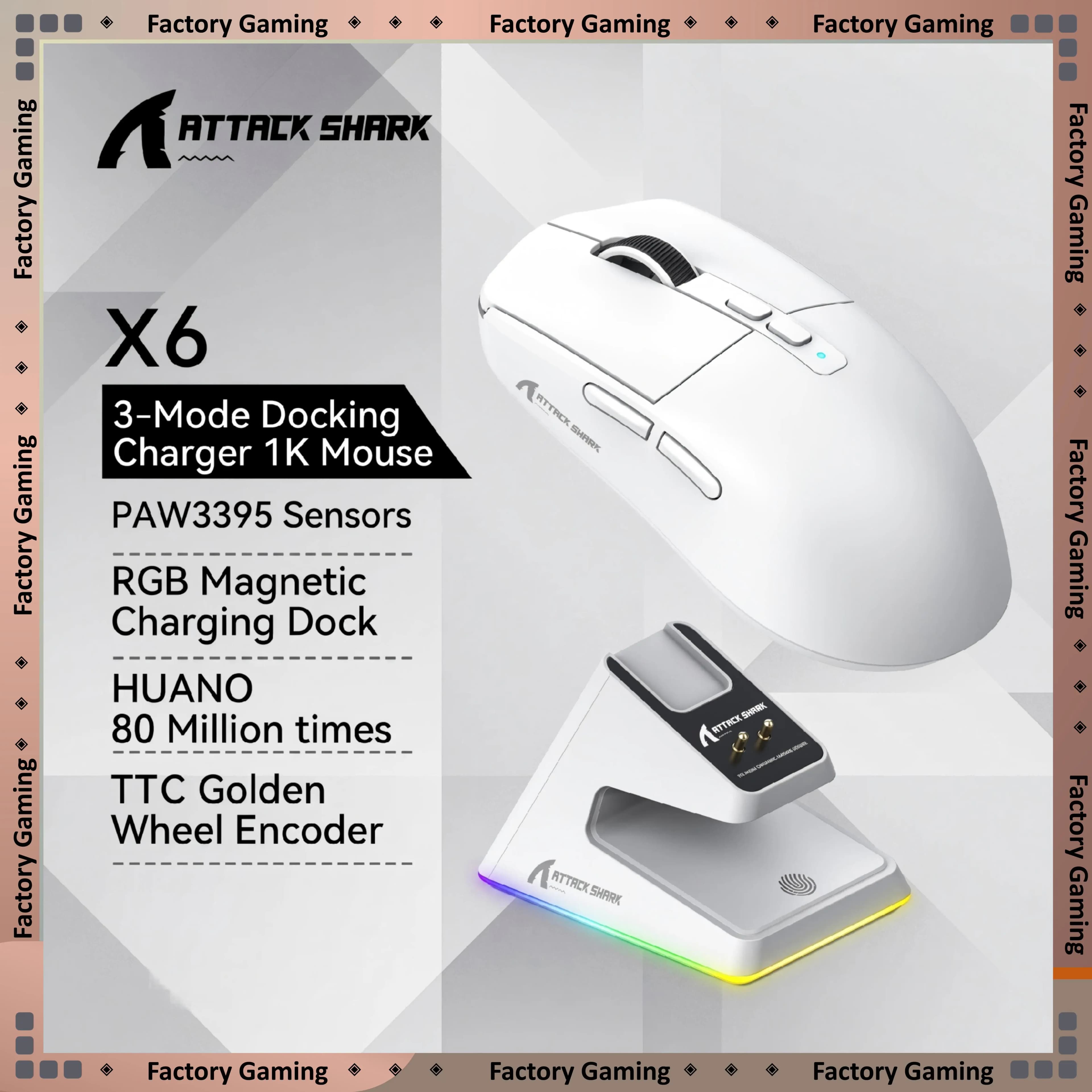 Attack Shark X6 Wireless Ergonomic Gaming Mouse Adjustable DPI Wired 2.4G/Bluetooth High Precision Rechargeable Mice