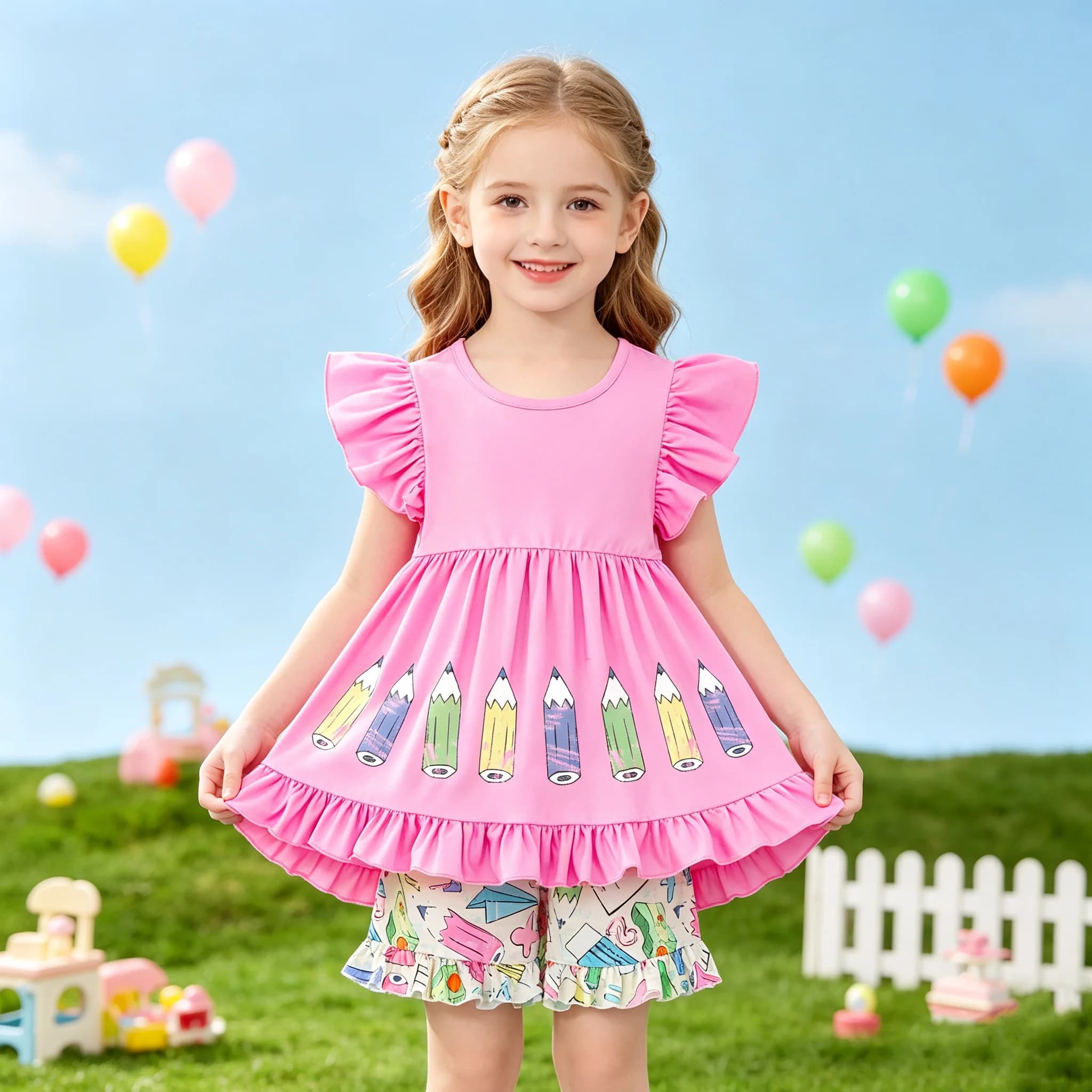 Children's Reverse Pencil Print Dress Set with Elastic Waist Short Skirt And Stationery Printed Shorts Casual Elegant Style