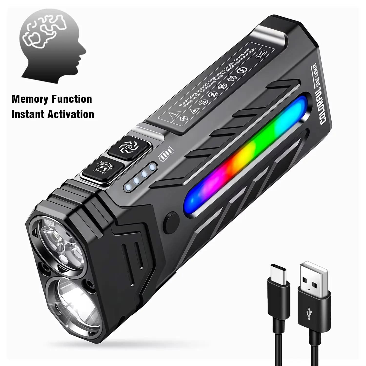 Torcia piatta A200 EDC Luce RGB, 3250 lumen con modalità tattiche e magnetica, torcia USB C portatile IP64 per il campeggio