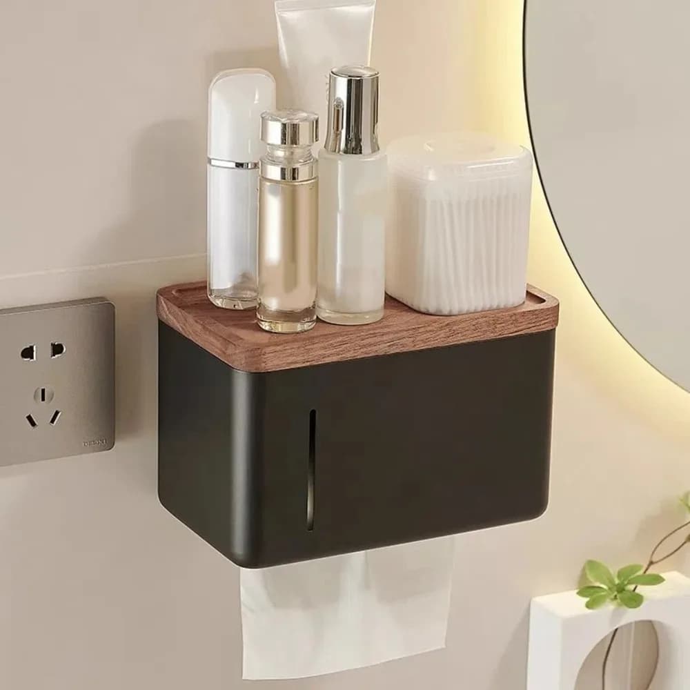 Porta carta igienica impermeabile senza punzonatura Design impermeabile Scatola di carta di faggio montata a parete Materiale in legno con coperchio
