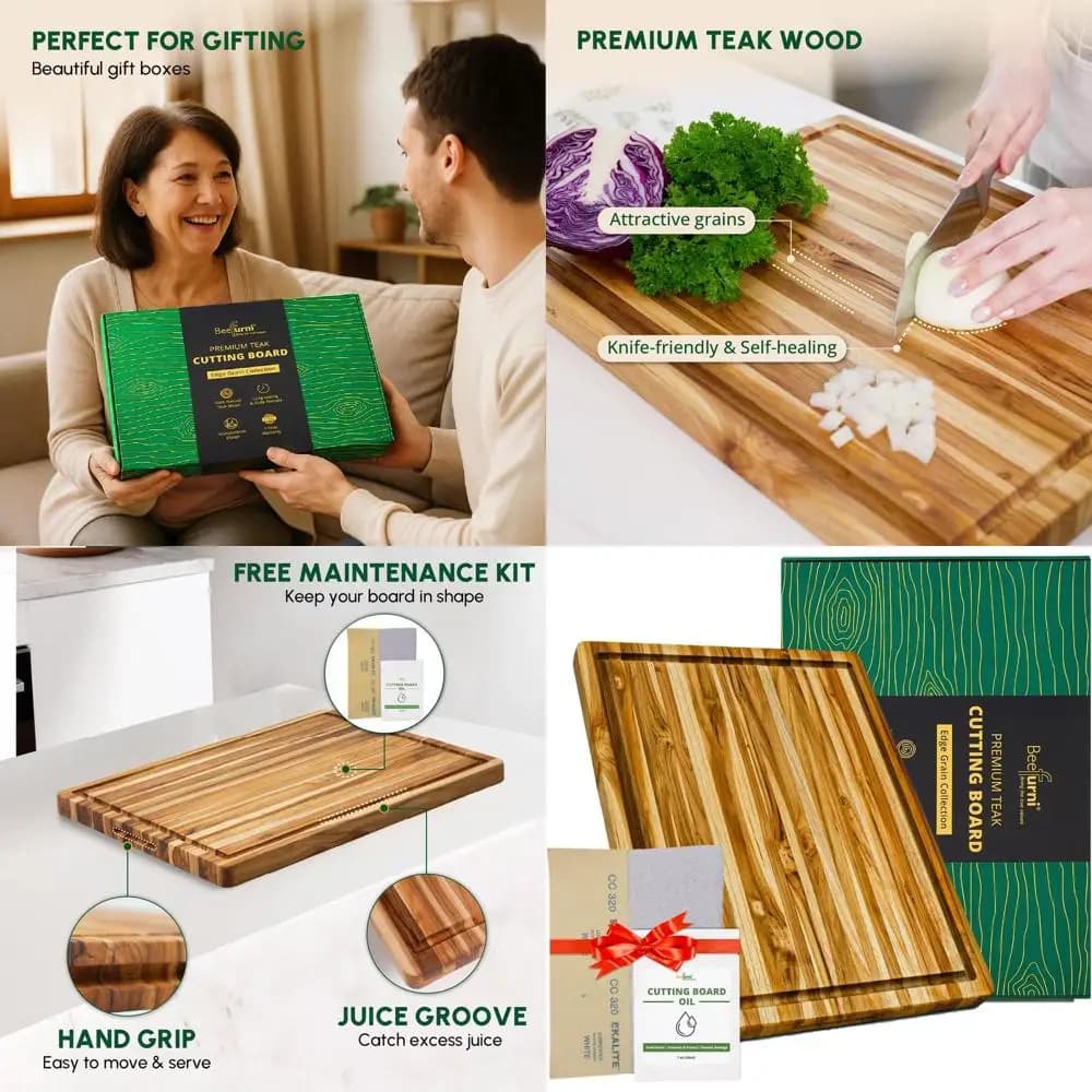 Tagliere in legno di teak resistente con scanalatura per succo e impugnatura, 20x15x1,25, tagliere da cucina e da portata, ideale per blocchi da macellaio,