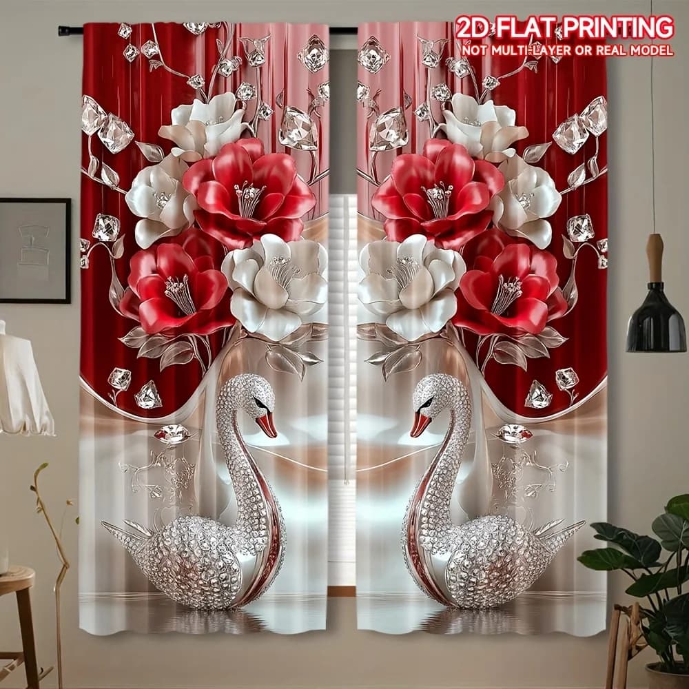 2pcs, 2D Floral Printed Curtains, Elegant Rod Pocket Design for Bedroom and Living Room, Enhance Your Home Decoration