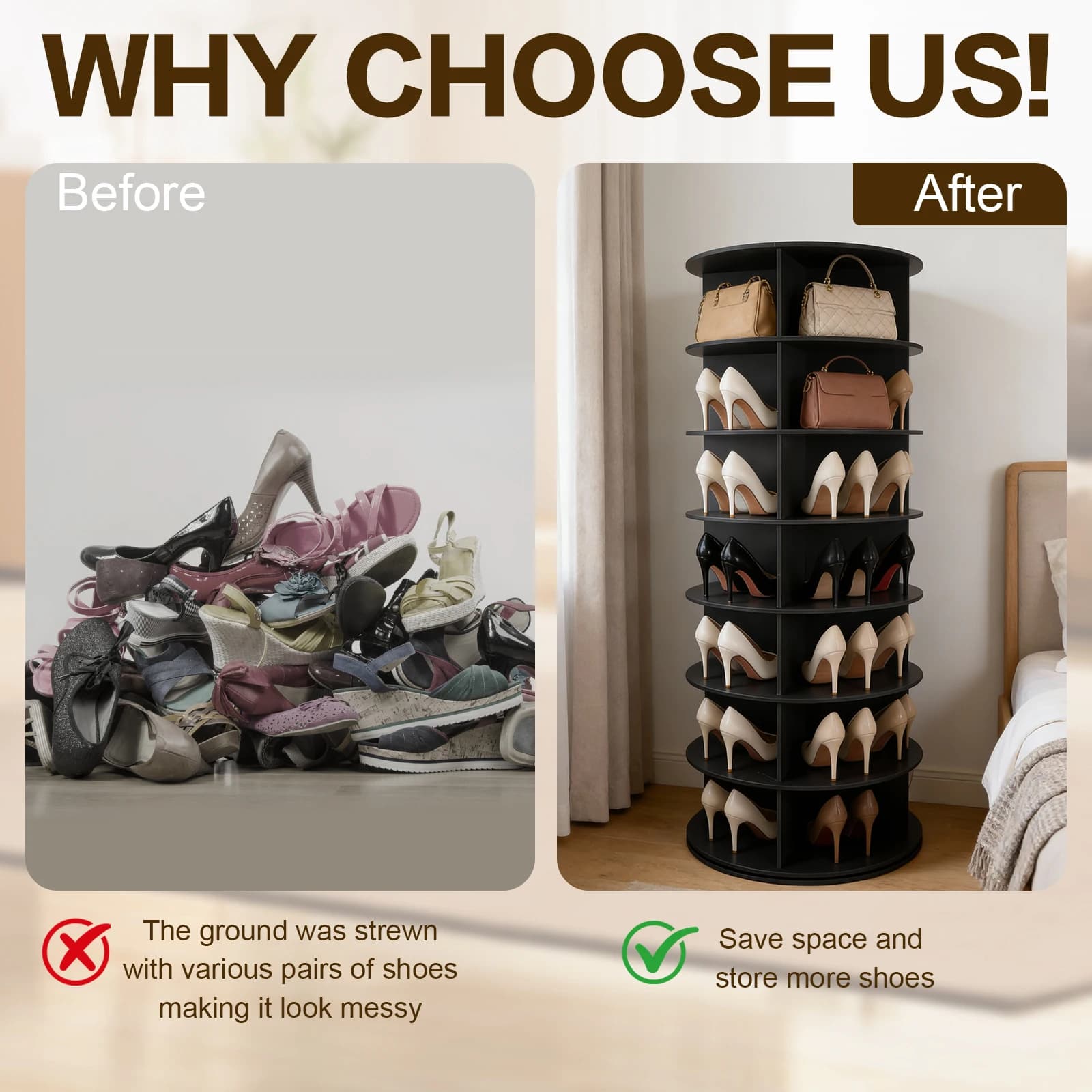 Organizzatore Girevole a 7 Livelli per Scarpe e Borse, 59 cm L x 160 cm H, Torre Portascarpe Rotante per Armadio e Camera da Letto