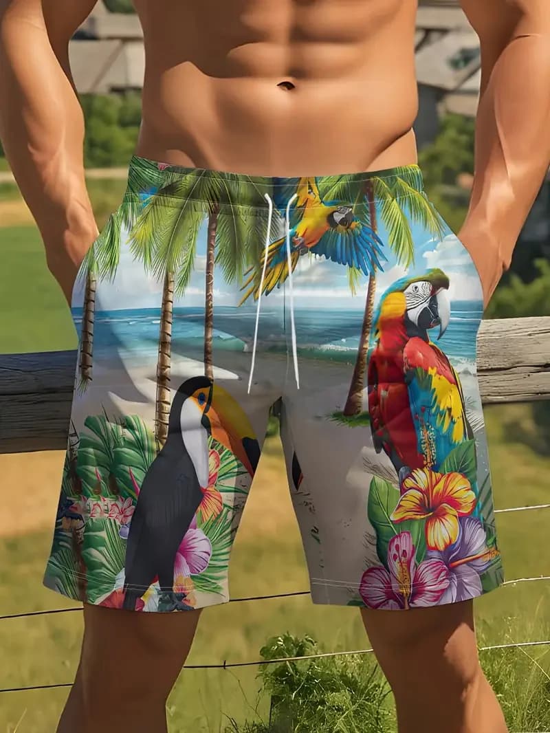 Pantaloncini con coulisse con stampa pappagallo tropicale da uomo Pantaloncini da spiaggia oversize estivi con stampa completa Costume da bagno da uomo