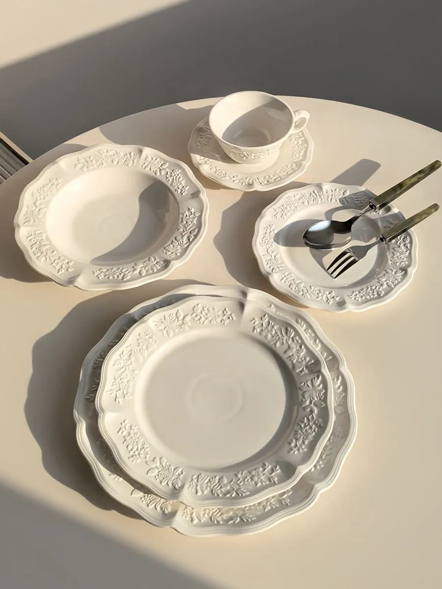 Alice Relief Ceramic Tableware, Vintage Embossed Dinner Plate Bowl, Food Grade Porcelain for Home Kitchen Wedding Gift