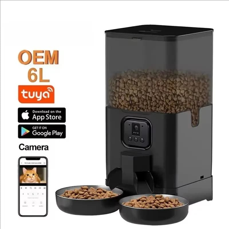 OEM Dual Bowls 6L Automatic Dog Feeder With Camera Pet Food Bowl Voice Recording Night Vision Smart Pet Feeder With Camera Tuya