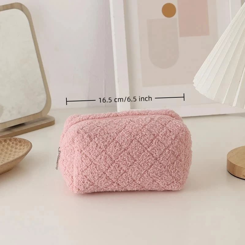 Borsa per il trucco in peluche tinta unita, morbida borsa da viaggio per il trucco da ragazza, graziosa borsa per il trucco da donna indispensabile
