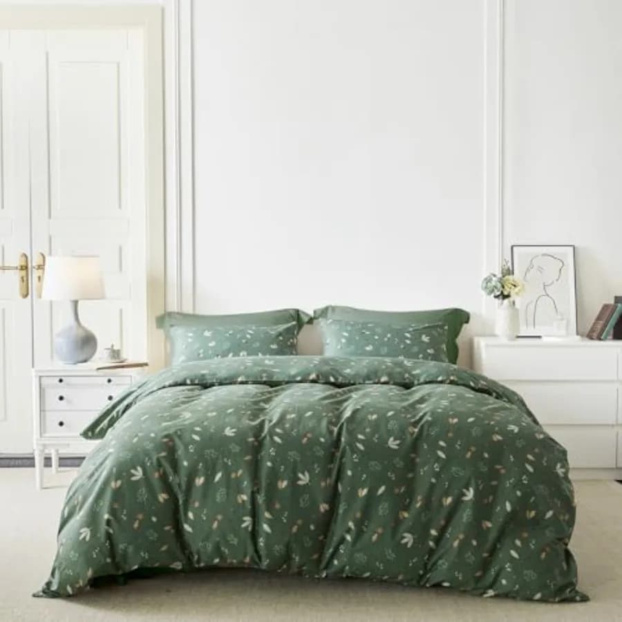 Set Copripiumino 3 Pezzi 100% Cotone, Copripiumino Botanico Verde Salvia con Chiusura a Cerniera e 2 Federe, Motivo Foglie di Quercia Beige e Grigio