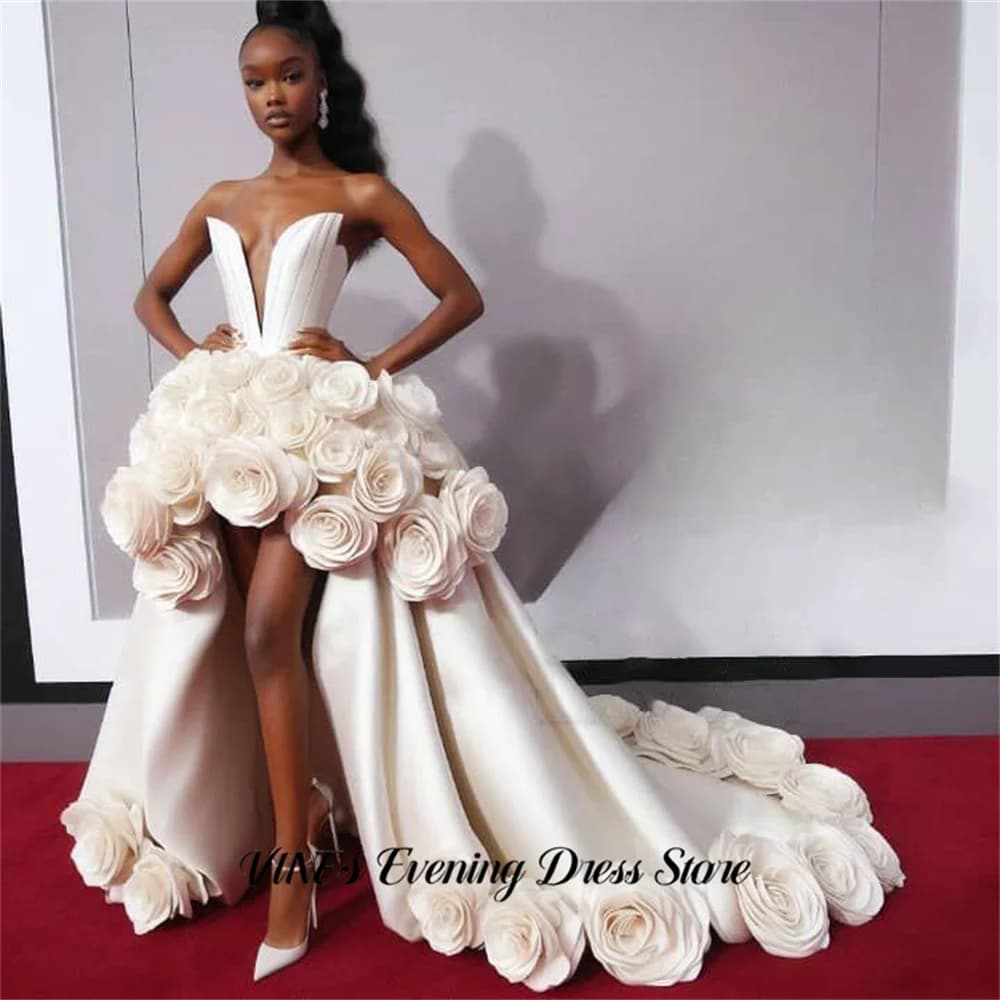 Abito da sera di lusso VINES Ivory, abito da ballo asimmetrico con scollo a V profondo, abito da sposa con applicazioni di rose 3D, abiti da sera personalizzabili