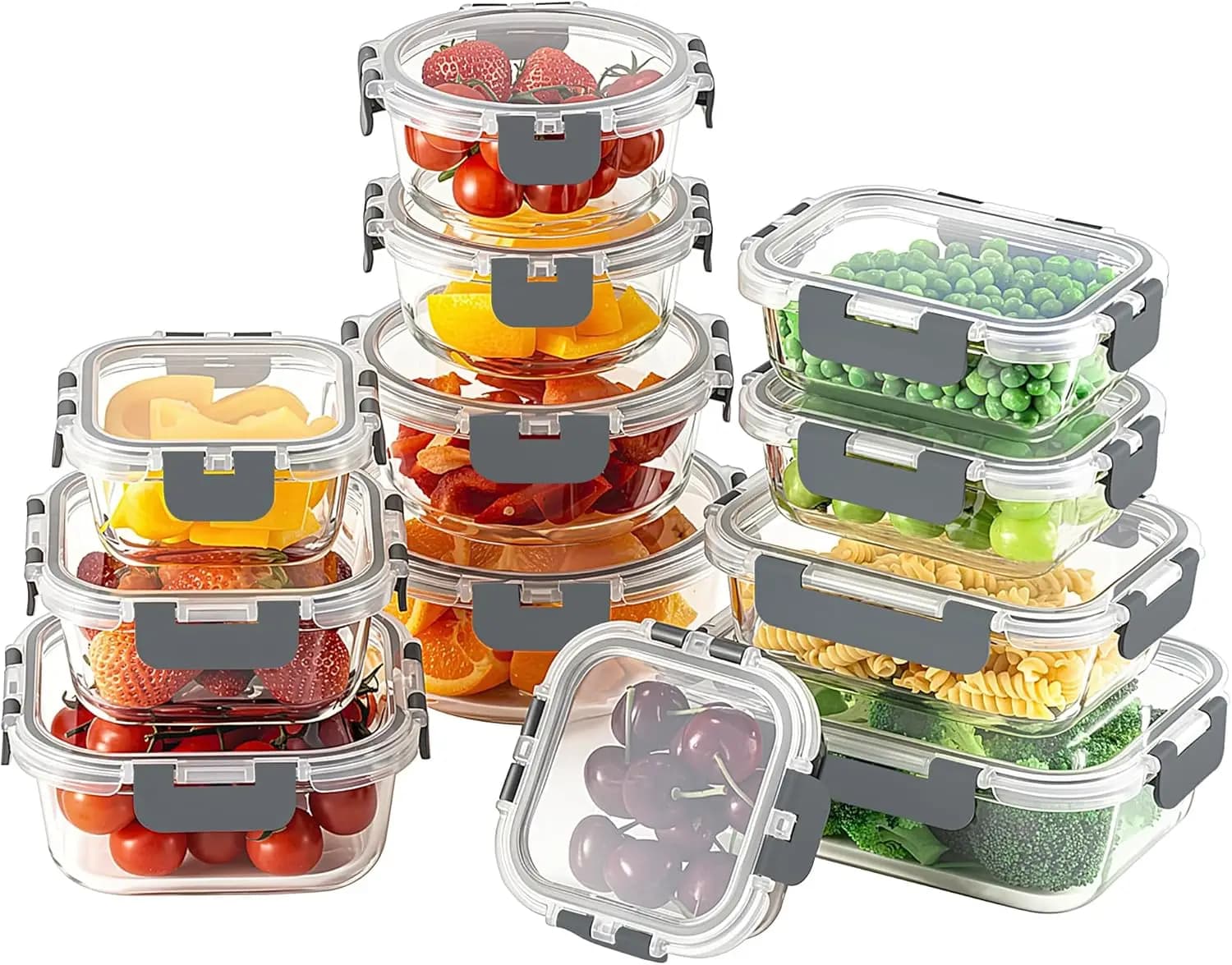 Set di 24 Contenitori in Vetro Borosilicato per Alimenti con Coperchi a Chiusura Ermetica, per Preparazione Pasti, Lunch Box, Adatti per Forno e Congelatore
