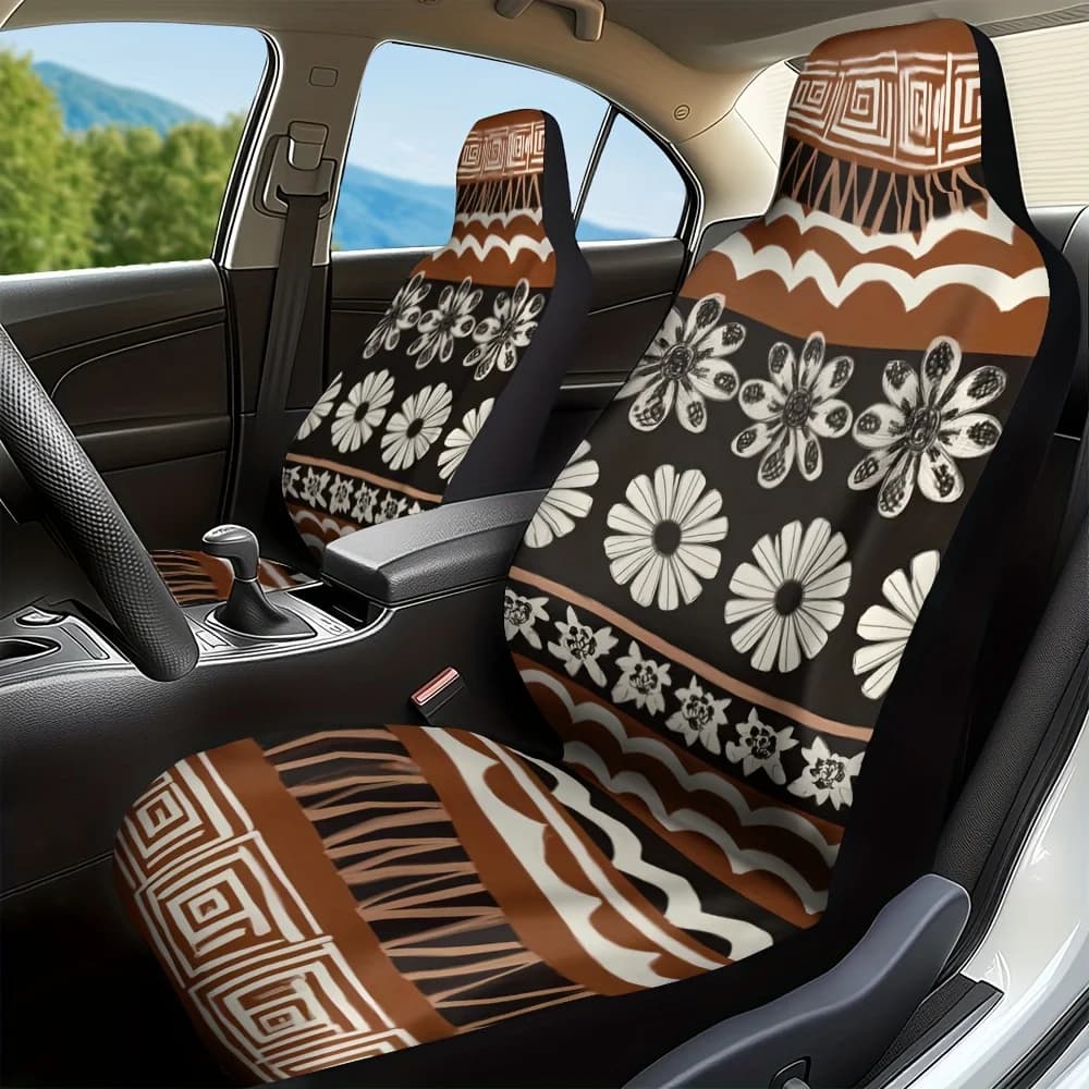 Car Seat Covers African model Fijian Masi Tara 2 pieces - Elegant brown and floral design, durable washable fabric, suitable for all vehi