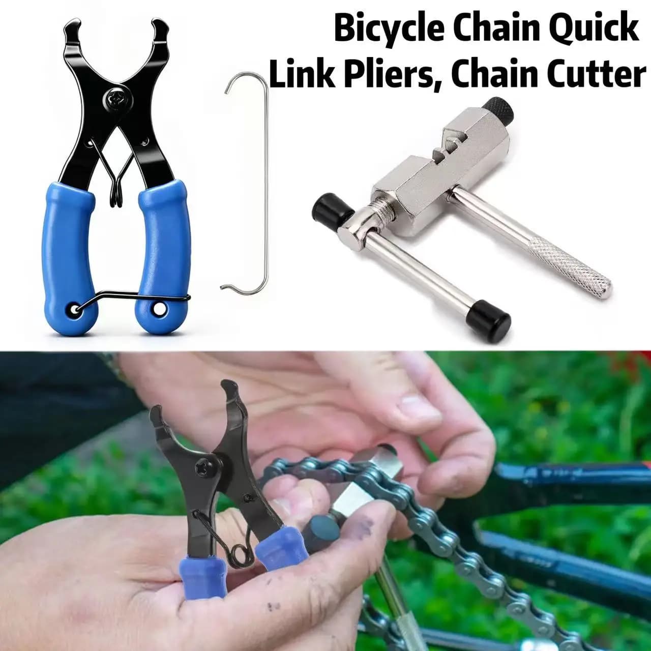 Bicycle chain disassembly tool, chain clamp with quick release, bicycle chain size