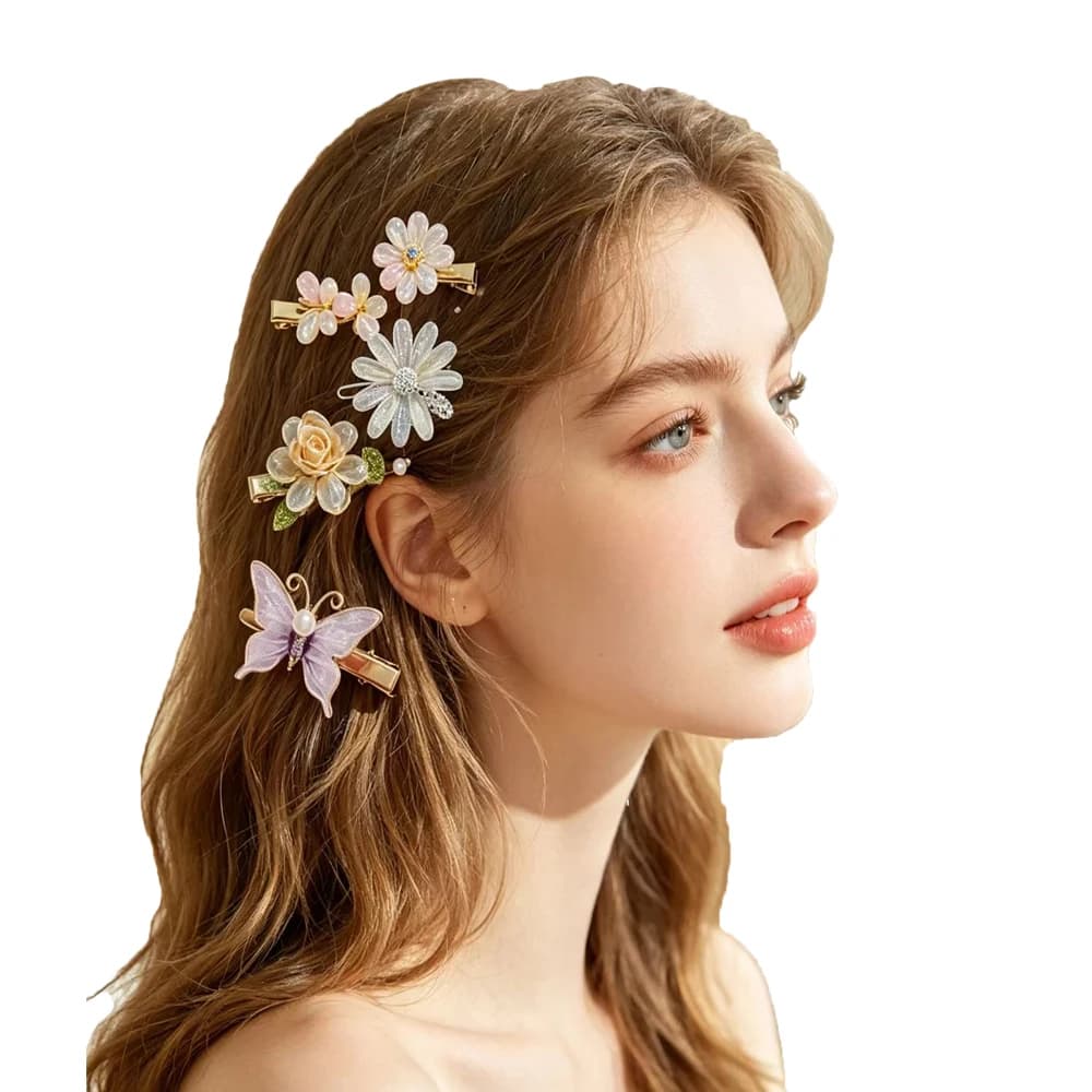 4pcs Sweet Colorful Rhinestone Pearl Hairpin Shinning Flower Heart Hair Clips Girls Side Barrettes Cute Pins Accessories