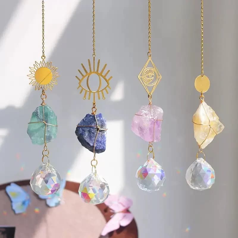 Sun Moon Stone Sun Catcher Prisms Stained Glass Wind Chime Home Decorations Car Pendant Wall Hangings Handmade For Girls Gift