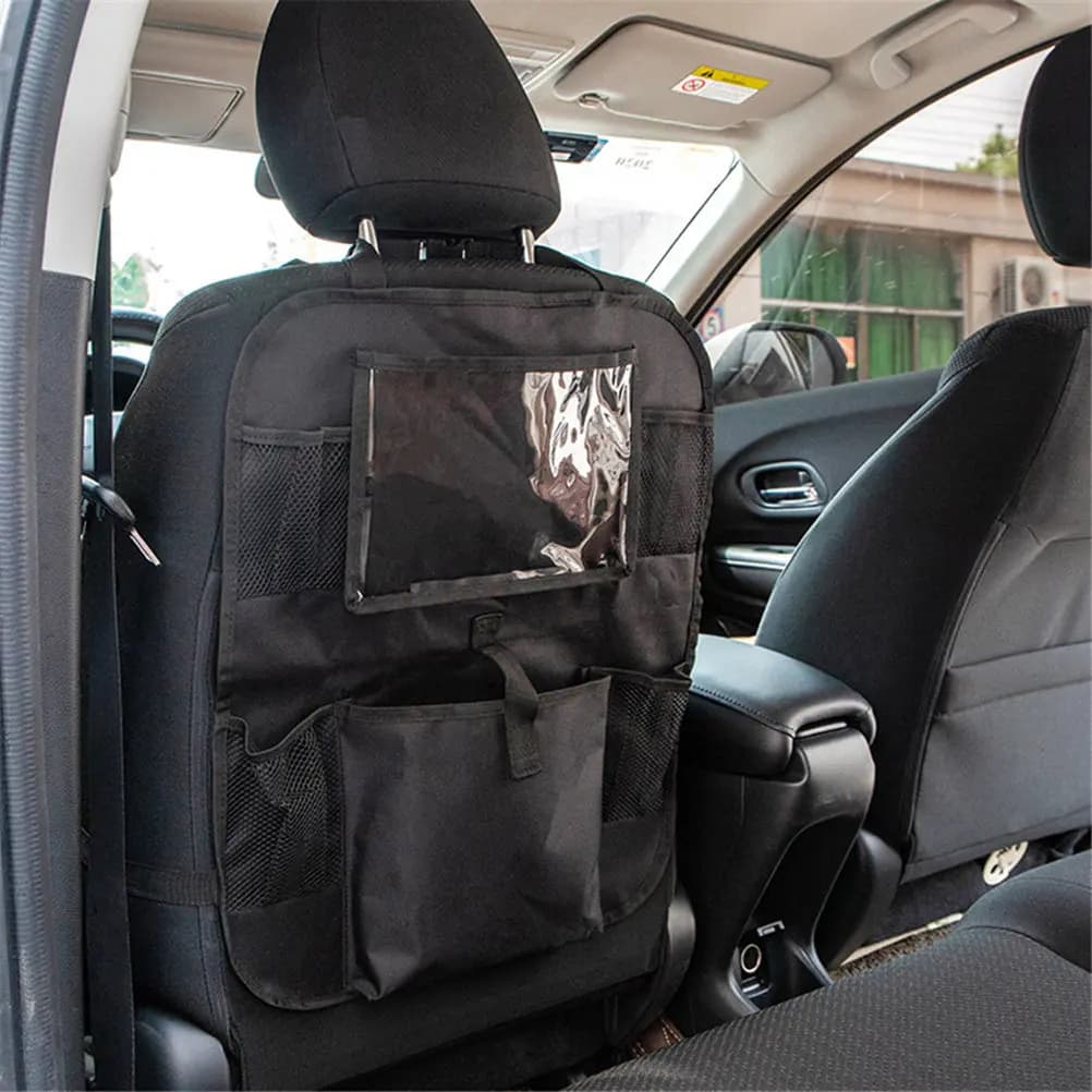 Car Rear Seat Storage Bag Oxford Cloth Kick Protector with Large Capacity Organizer Pocket for Tablet Phone Water Bottle